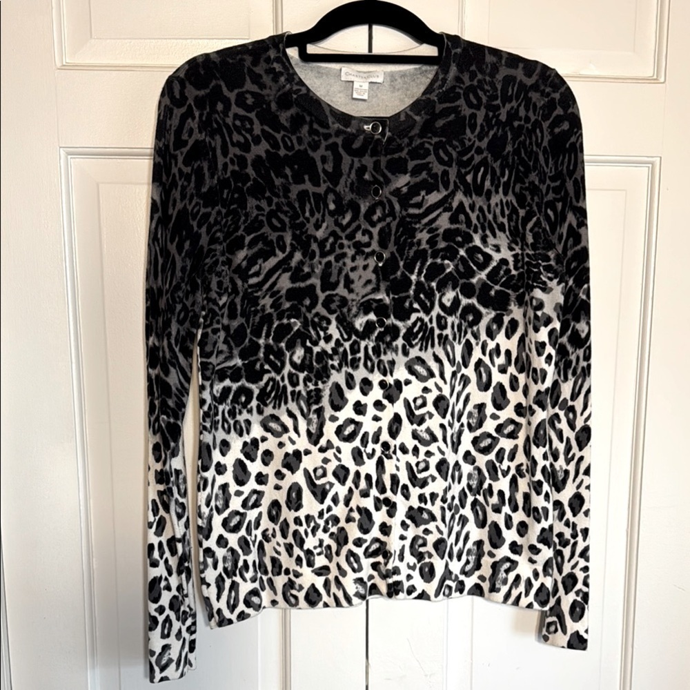 Beautiful NWOT Charter Club Black White Leopard Print Asymmetric Ombre Cardigan